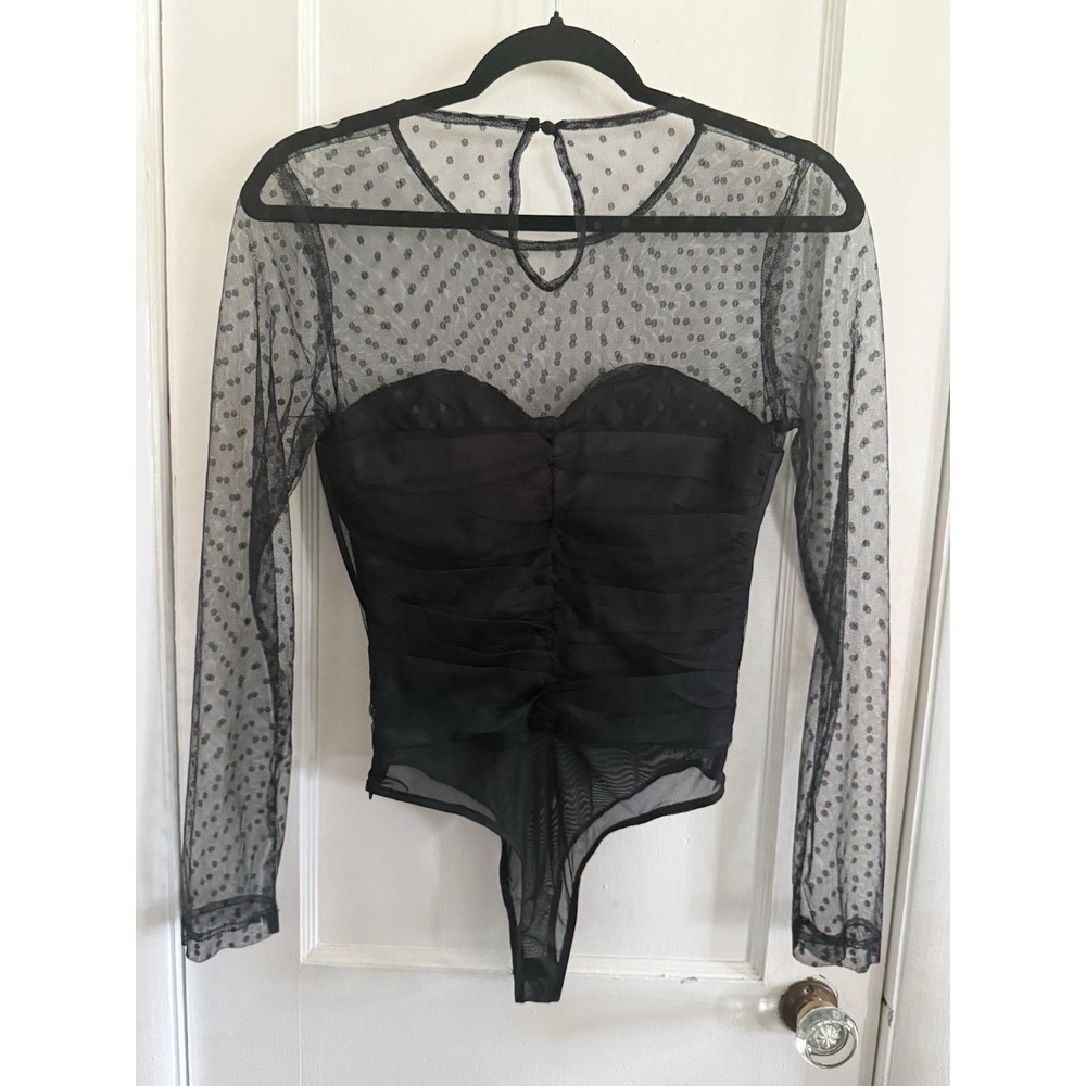 Lulus Luxe Agenda Black Sheer Mesh Polka Dot Pleated Bustier Bodysuit XS NWT - Picture 7 of 10
